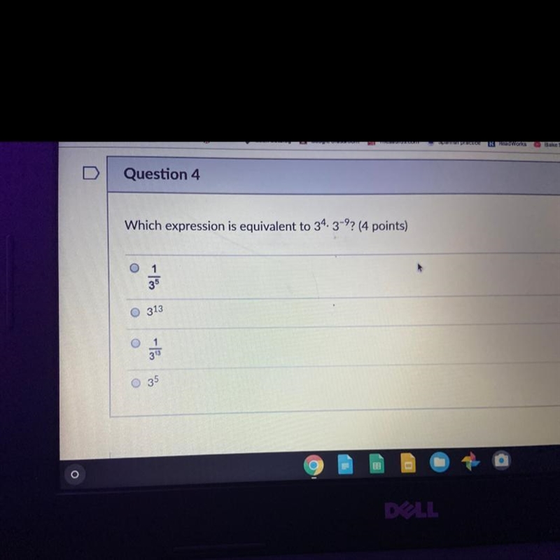 Which expression is equivalent to 3^4 x 3^-9?-example-1