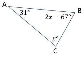 Find the measure of angle B. 67 degrees 77 degrees 12.3 degrees 118.3 degrees-example-1