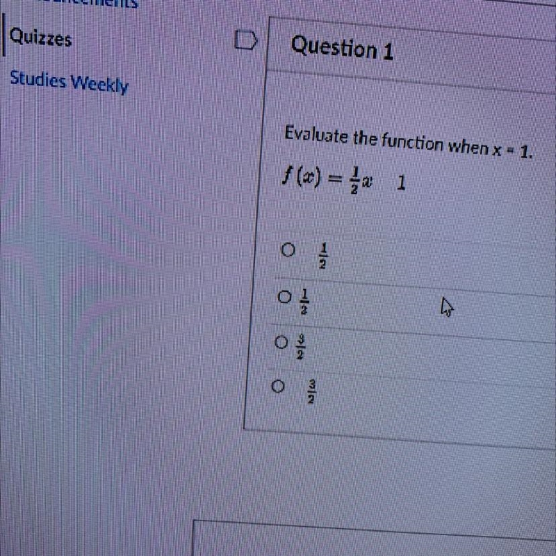 Evaluate the function when x=1 f(x) = 1/2x -1-example-1