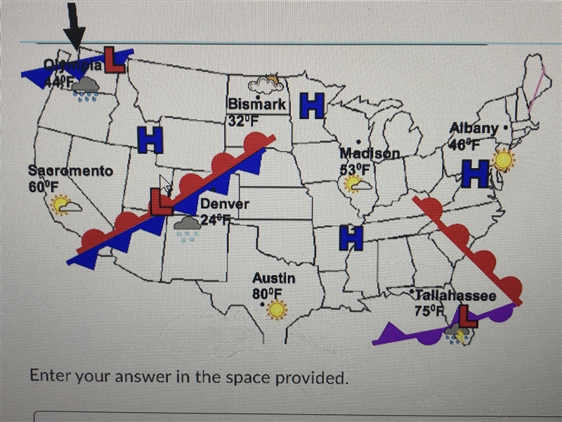 Analyze the weather map in 2 to 3 complete sentences. Describe what the weather will-example-1