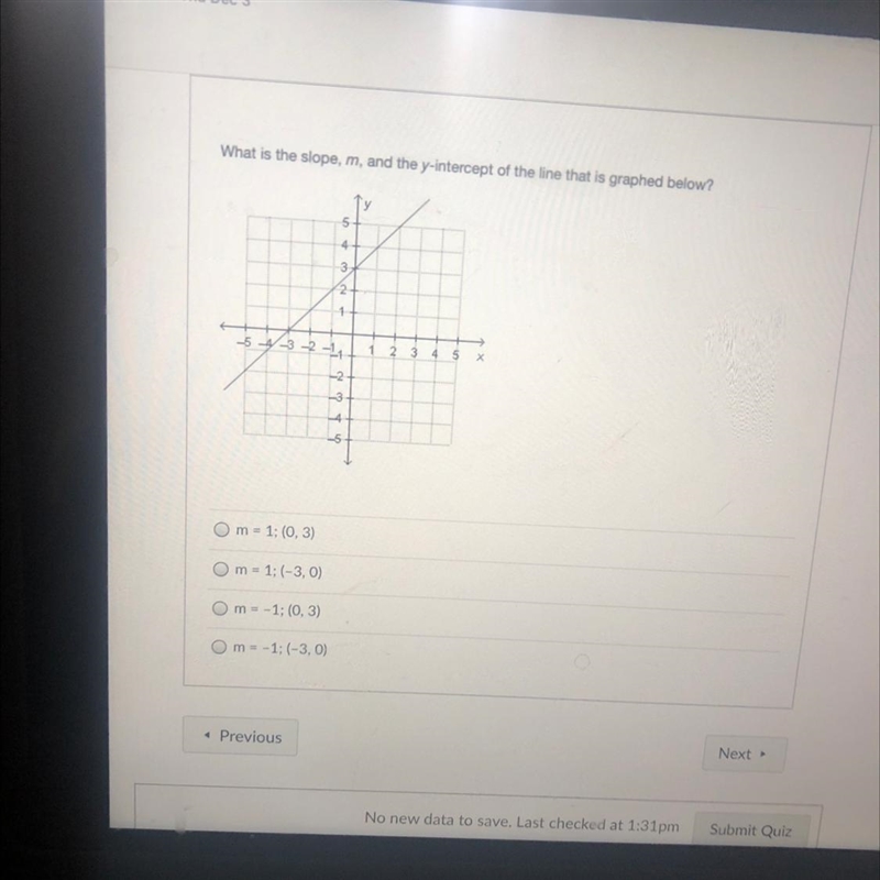 What Is the slope, M, and the Y – intercept of the line that is graphed below￼? m-example-1