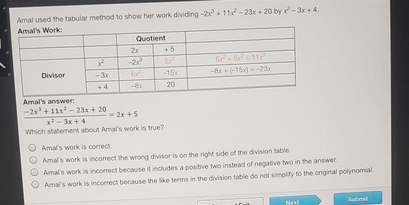 Amal used the tabular method to show her work dividing -2x3 + 11x2 - 23x + 20 by x-example-1