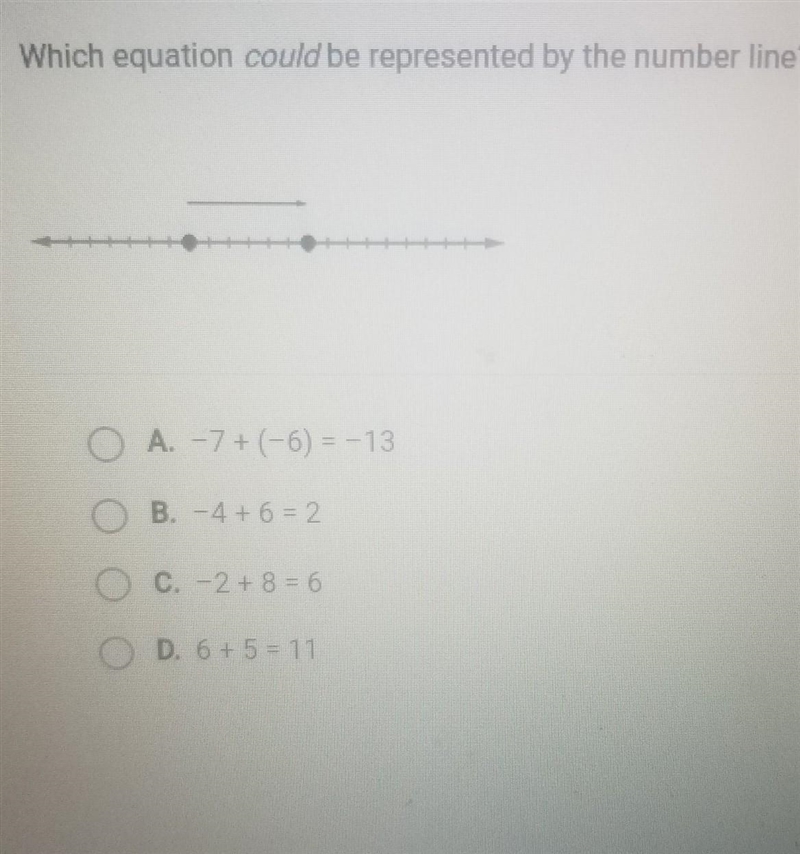 Which equation could be represented by the number line? - O A. -7+(-6) = -13 OB. -4+6=2 O-example-1