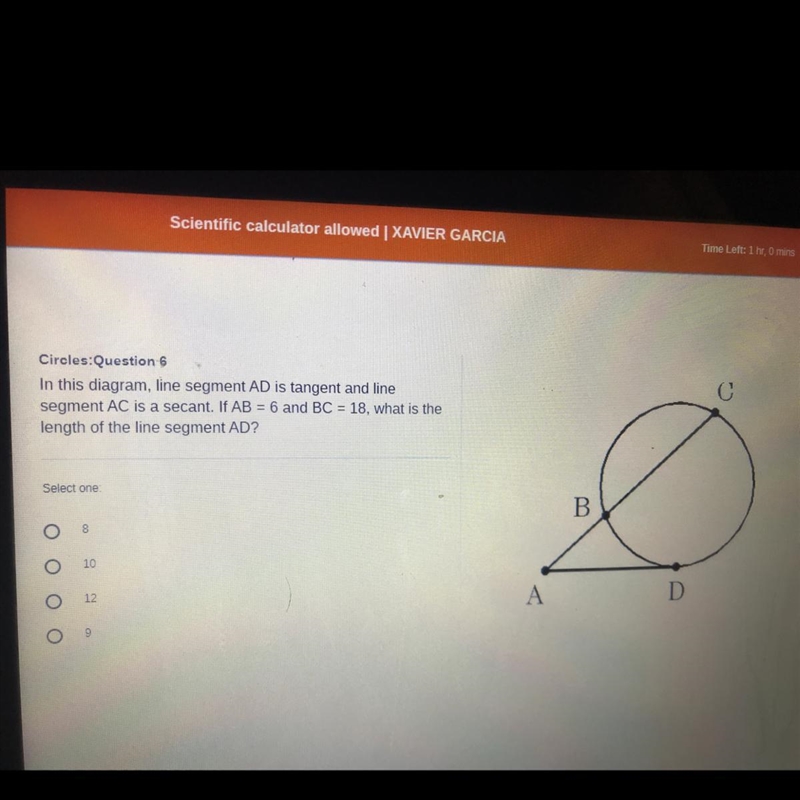 In this diagram, like segment AD is tangent and line segment AC is secant. If AB = 6 and-example-1