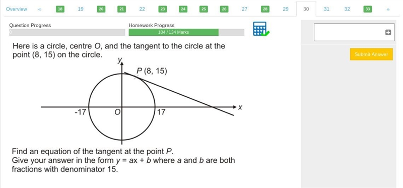 Here is a circle, centre O, and the tangent to the circle at the point (8,15)-example-1