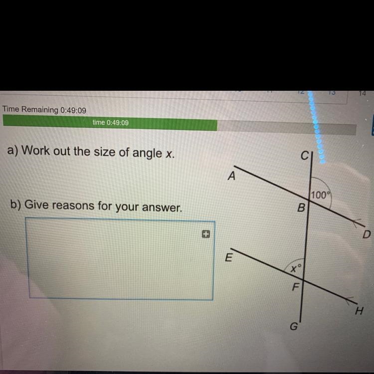 A) Work out the size of angle x. A 1000 b) Give reasons for your answer. B D ת xo-example-1