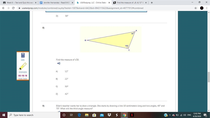 Find the measure of ∠B. A) 12° B) 22° C) 32° D) 42°-example-1