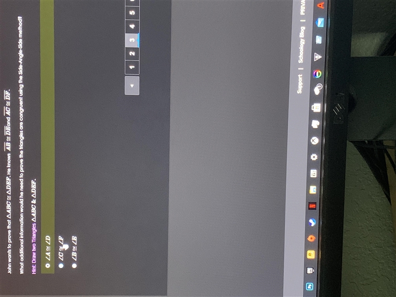 Pls Help! John wants to prove ABC = to DEF. He Knoes AB = DE and AC = DF. With Screenshot-example-1