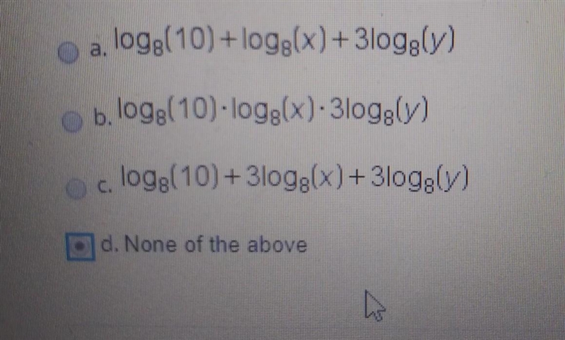 Rewrite as a combination of multiple logarithms: log_8 (10xy^3) ​-example-1