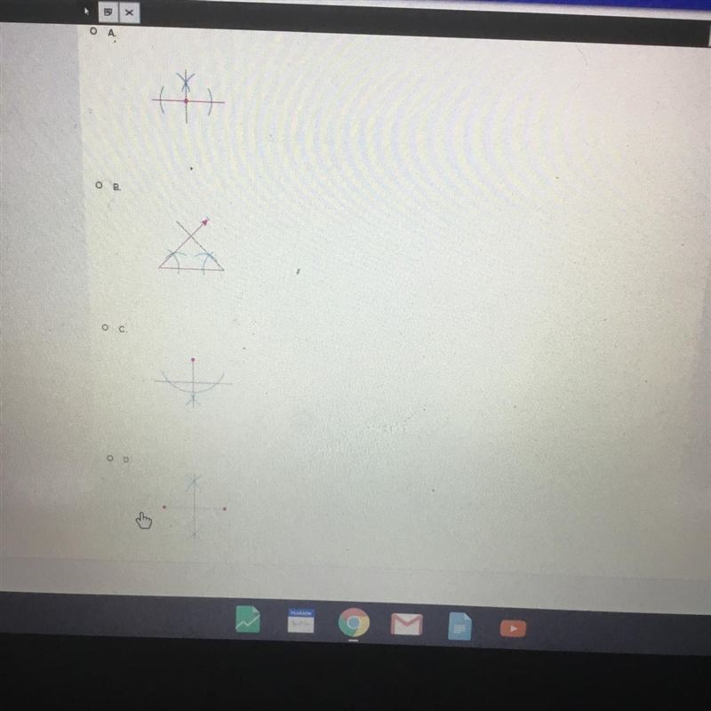 Which illustrates the construction of a perpendicular to a line from a point not on-example-1