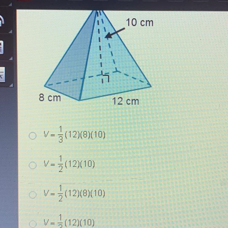 Which shows how to determine the volume of the pyramid?-example-1