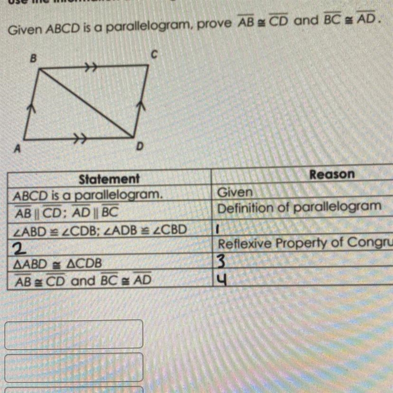 Given ABCD is a parallelogram, prove AB CD and BC & AD.-example-1