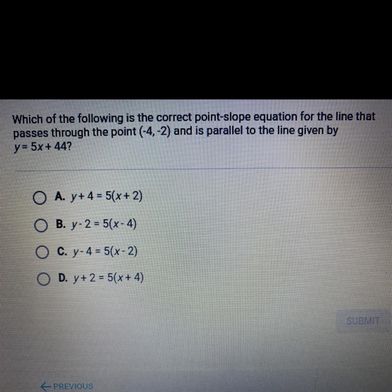 Which of the following is the correct point-slope equation for the line that passes-example-1