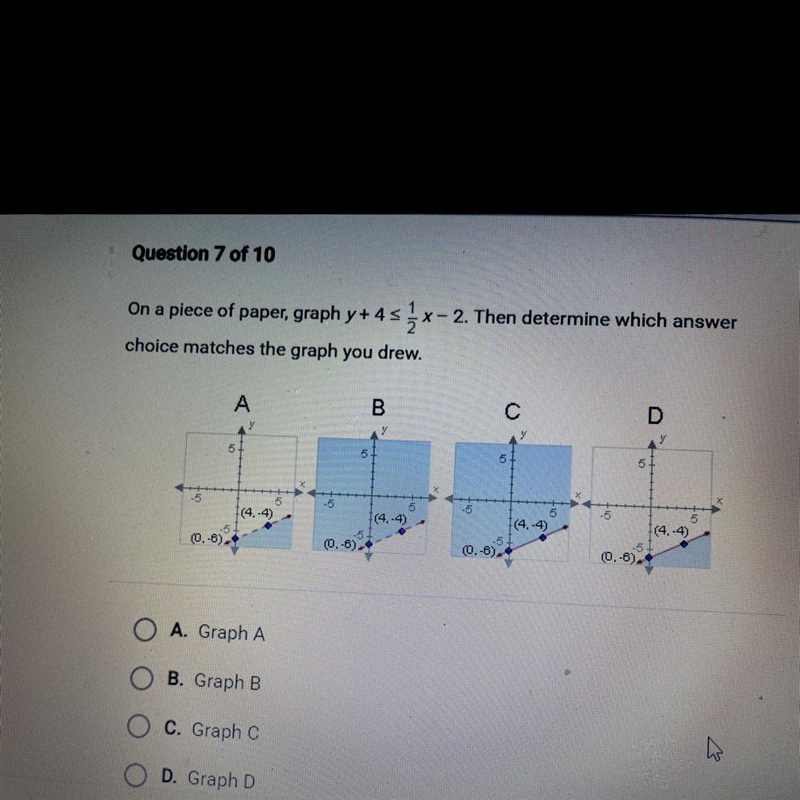 On a piece of paper, graph y+4<1/2 x - 2. Then determine which answer choice matches-example-1