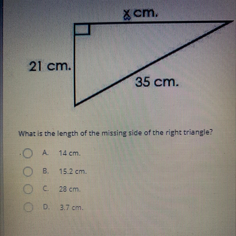 What is the length of the missing side of the right triangle? A) 14cm B) 15.2cm C-example-1