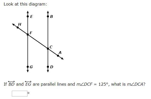 If BD and EG are parallel lines and m∠DCF = 125°, what is m∠DCA-example-1