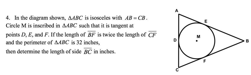 In the diagram shown, ΔABC is isosceles with AB = CB. Circle M is inscribed in ΔABC-example-1