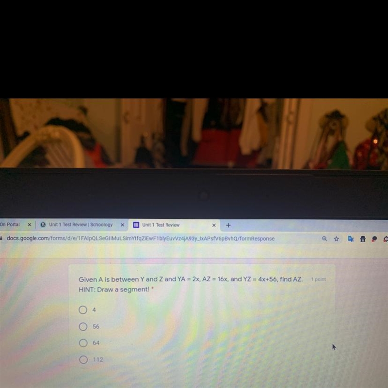 Given A is between Y and Z and YA = 2x, AZ = 16x, and YZ = 4x+56, find AZ. Plsss help-example-1