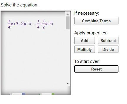 Solve the equation. 3/4x+3-2x = -1/4+1/2x+5-example-1