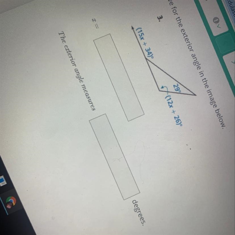 Solve for the exterior angle in the image below?-example-1