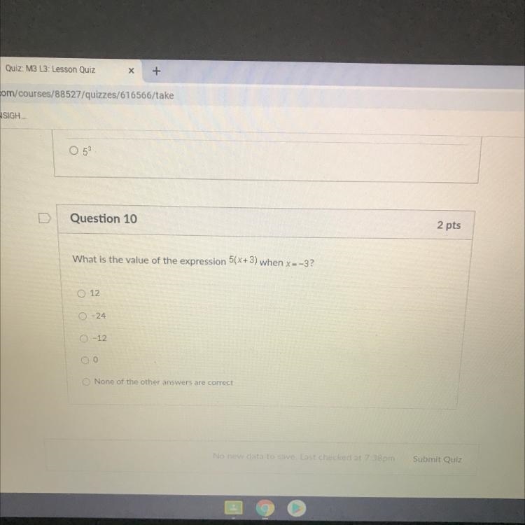 What is the value of the expression 5(X+3) when X=-3?-example-1