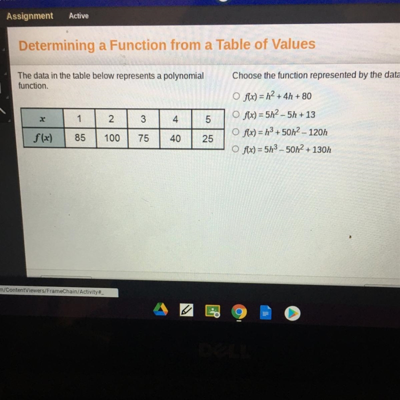 Choose the function represented by the data. O f(x) = h2 + 4h + 80 O f(x)=5h2 -5h-example-1