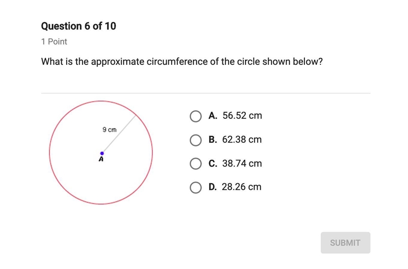 Please help ASAP! What is the approximate circumference of the circle shown below-example-1