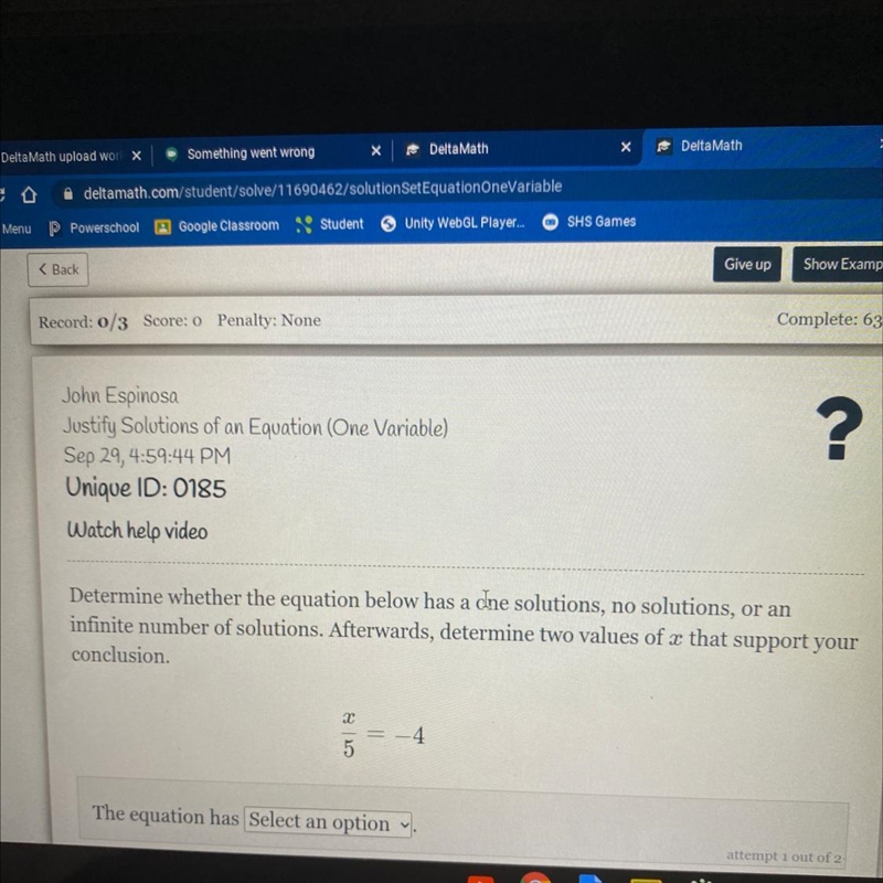 Determine whether the equation below has a dne solutions, no solutions, or an infinite-example-1