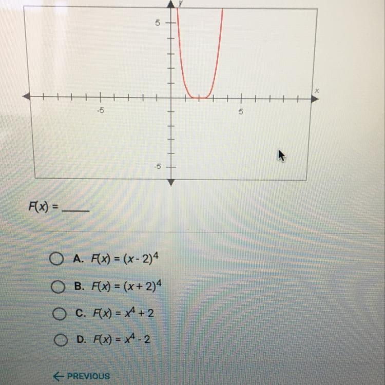 The graph of F(x),shown below,has the same shape as the graph of G(x)=x^4, but it-example-1