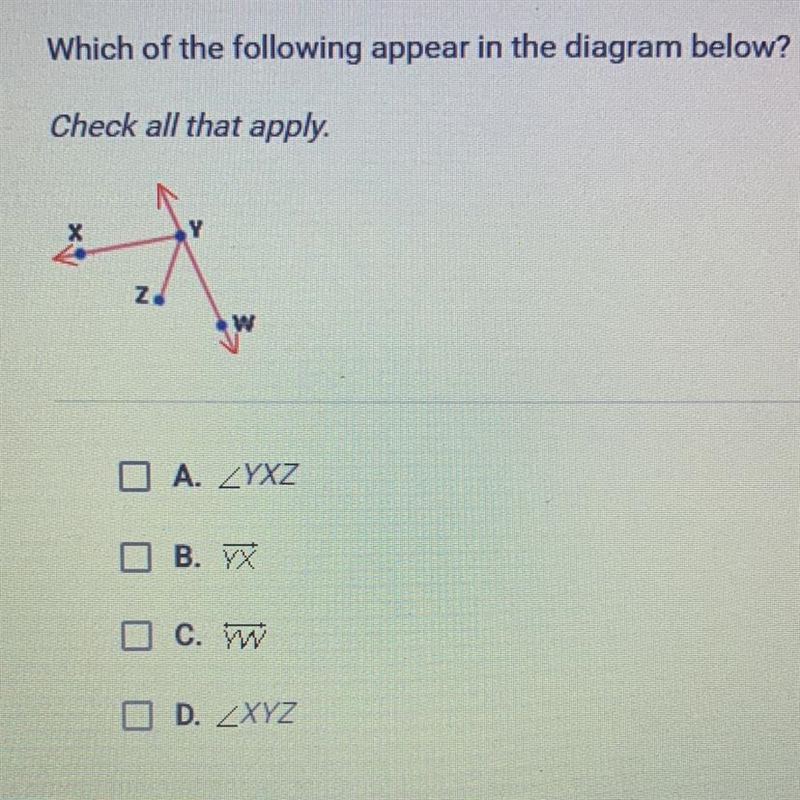 Which of the following appear in the diagram below? check all that apply.-example-1