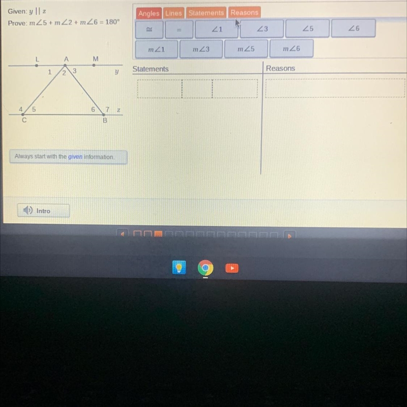 Omg pls help its proving the sum of the interior angle measures of a triangle is 180-example-1