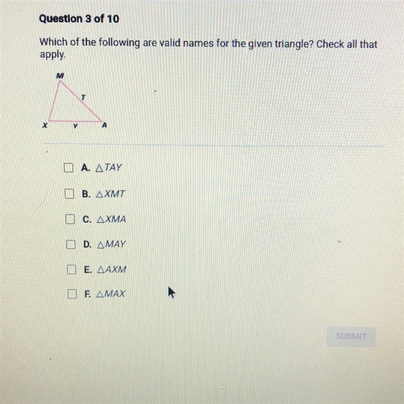 Which of the following are valid names for the given triangle? Check all that apply-example-1