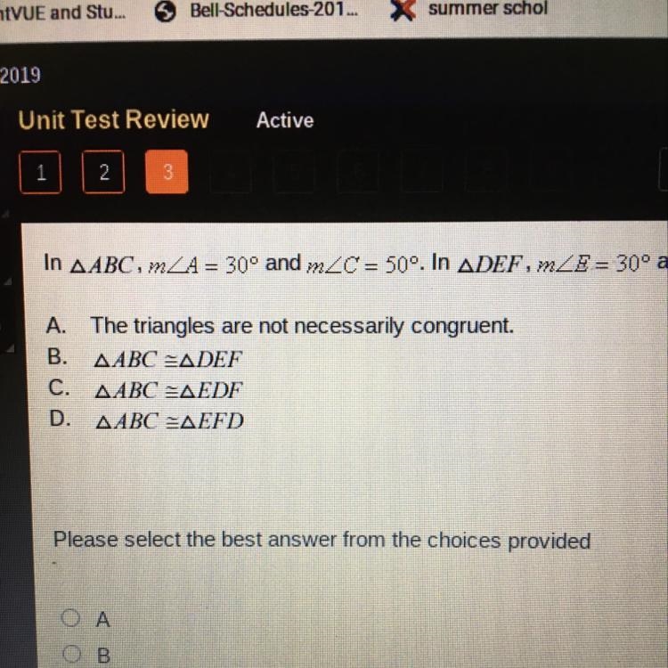 In abc, m a = 30 and m c=50. In def m e = 30 and f=100. Write a statement I’d congruence-example-1