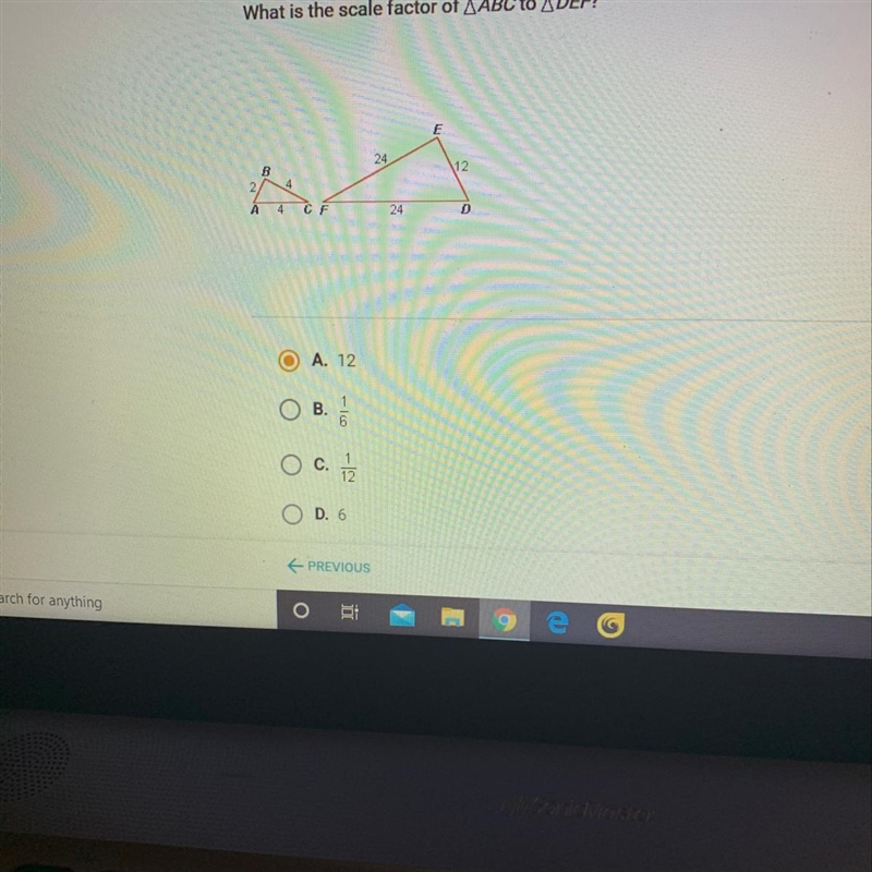 What is the scale factor of AABC to A DEF?-example-1