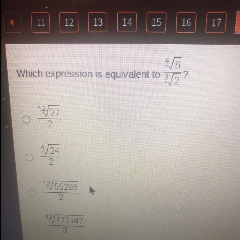 Which expression is equivalent to 4 square root 6 divided by 3 root 2?-example-1