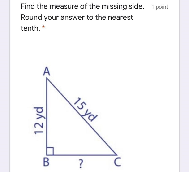 Find the measure of the missing side. Round your answer to the nearest tenth. (PYTHAGOREAN-example-1