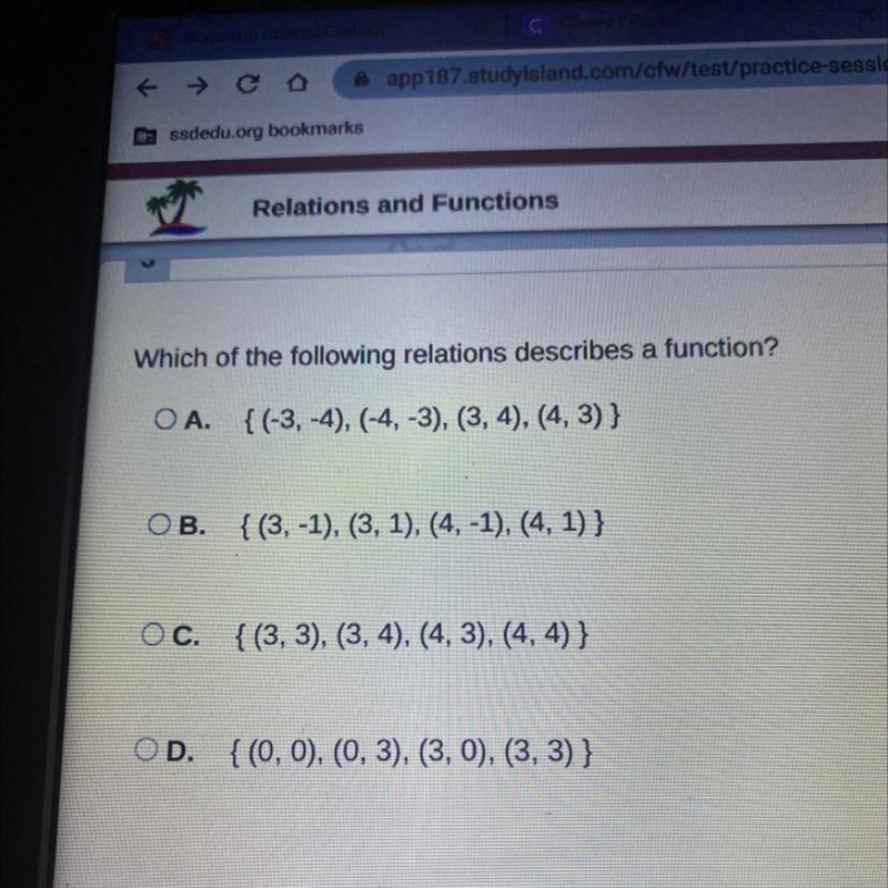 Which of the following relations describes a function? OA. {(-3,-4), (-4,-3), (3, 4), (4,3)} OB-example-1