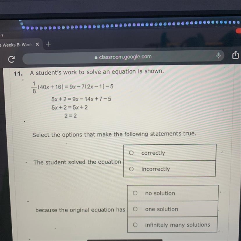 A student's work to solve an equation is shown.-example-1