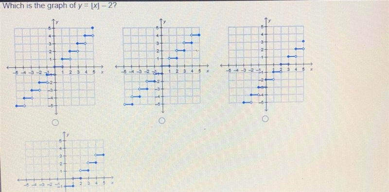 Which is the graph of y=[x] - 2? Tv To -5-4-3-2- 2 3 -34 -3 -2 3 X o O 3 2 + -5 -3 -2 -14 ? 3-example-1