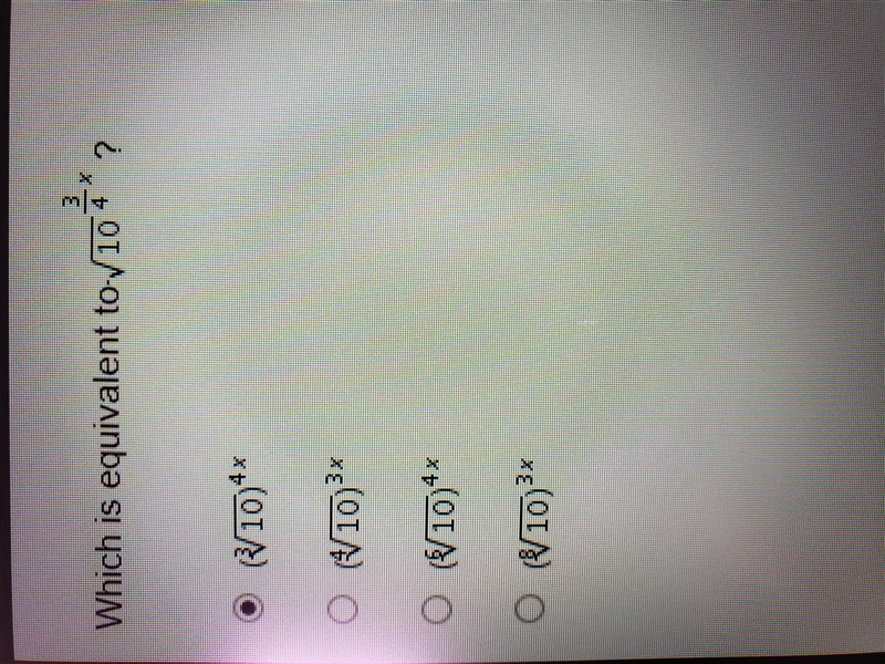 Which is equivalent to the square root of 10^3/4?-example-1