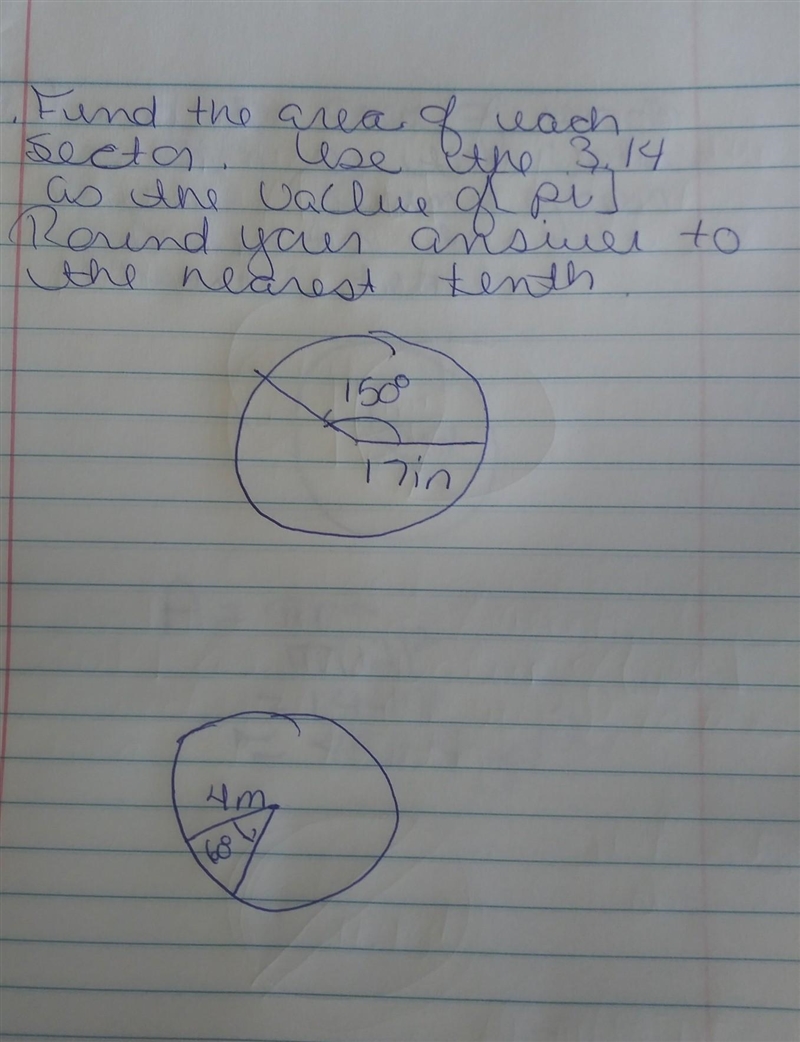 find the area of each sector. Use the 3.14 as the value of pi. Round your answer to-example-1