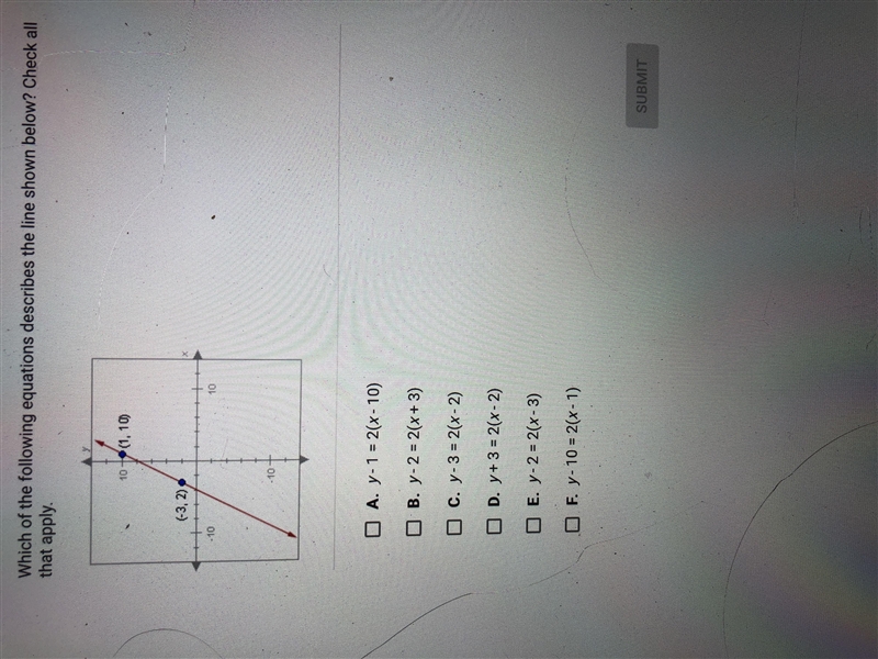 Which of the following equations describes the line below?-example-1