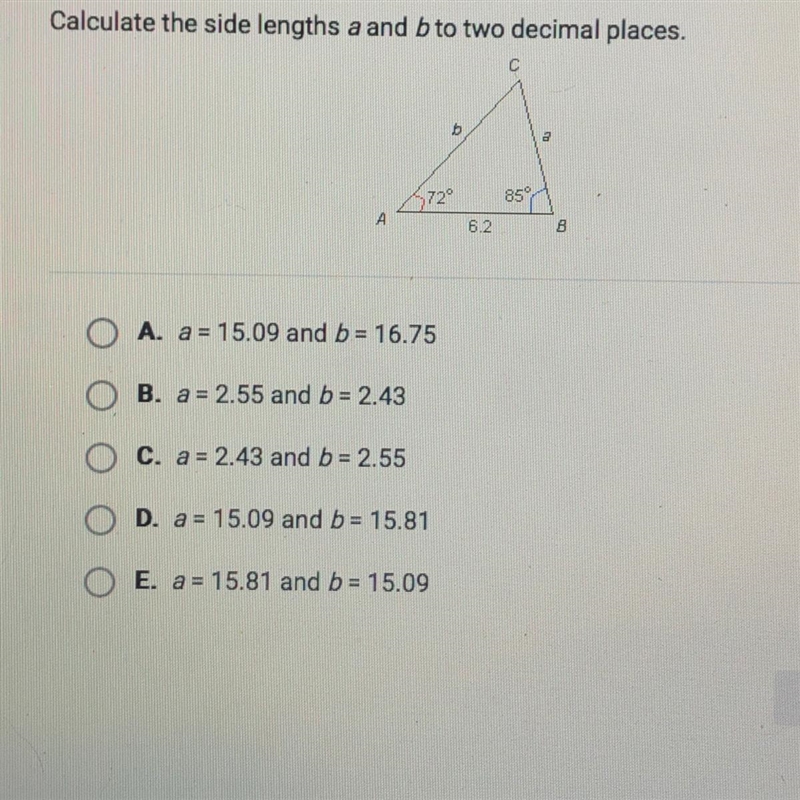 HELPPP!! Calculate the side lengths a and b to two decimal places. (there is a picture-example-1