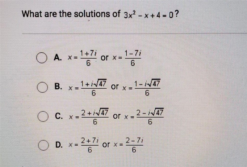 What are the solutions of 3x? - x +4- 0 ? please awnser this ASAP i will award 20 POINTS-example-1