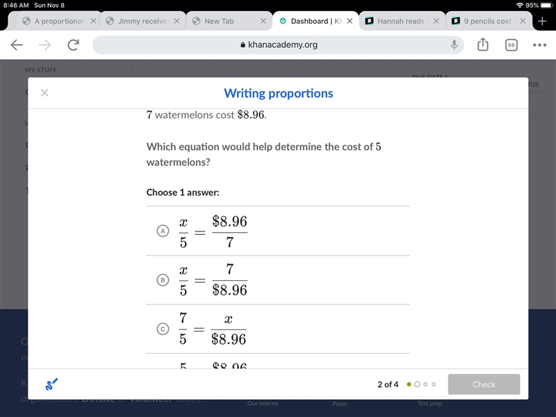 7 77 watermelons cost $ 8.96 $8.96dollar sign, 8, point, 96. Which equation would-example-1