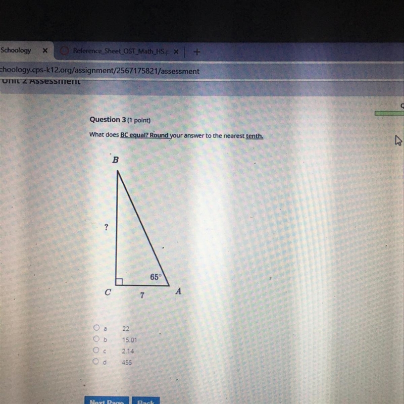 What does BC equal? Round your answer to the nearest tenth. A. 22 B. 15.01 C. 2.14 D-example-1