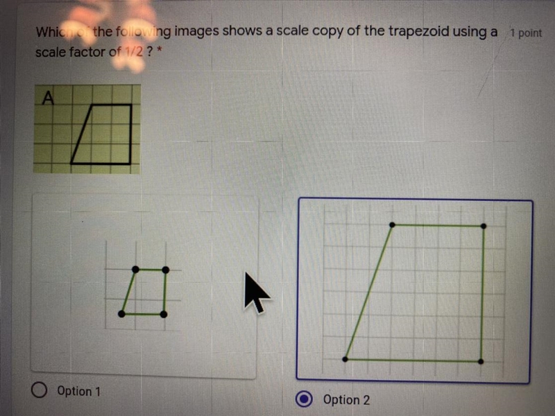 Which of the following images shows a scale copy of the trapezoid using a scale factor-example-1