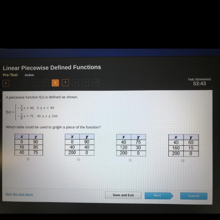 Which table could be used to graph a piece of the function?-example-1