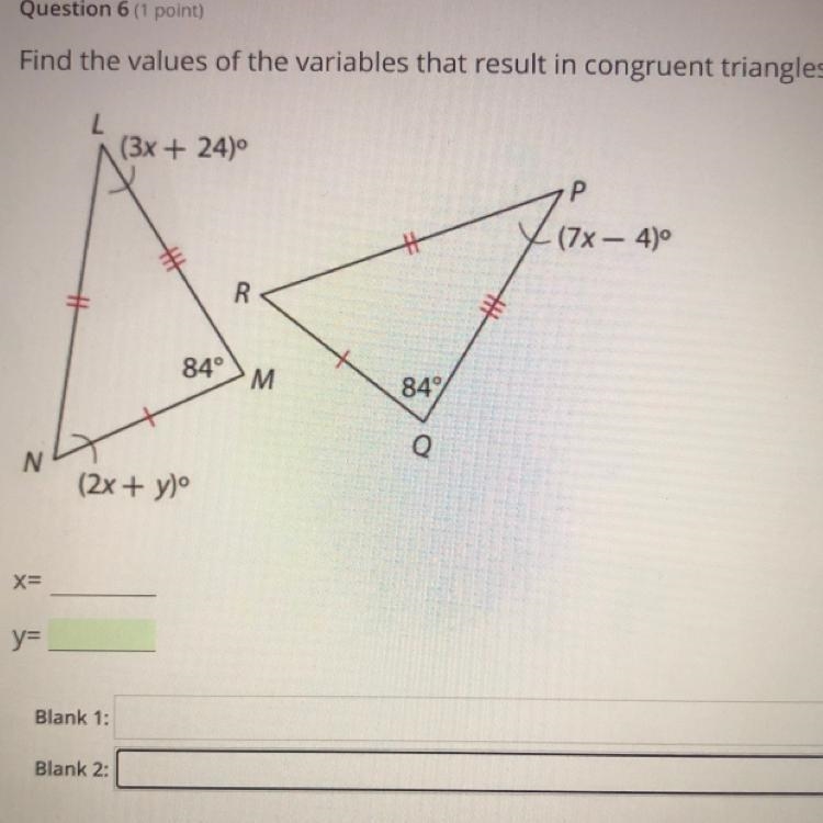 Help, I’m struggling. Find the values of the variables that result in congruent triangles-example-1