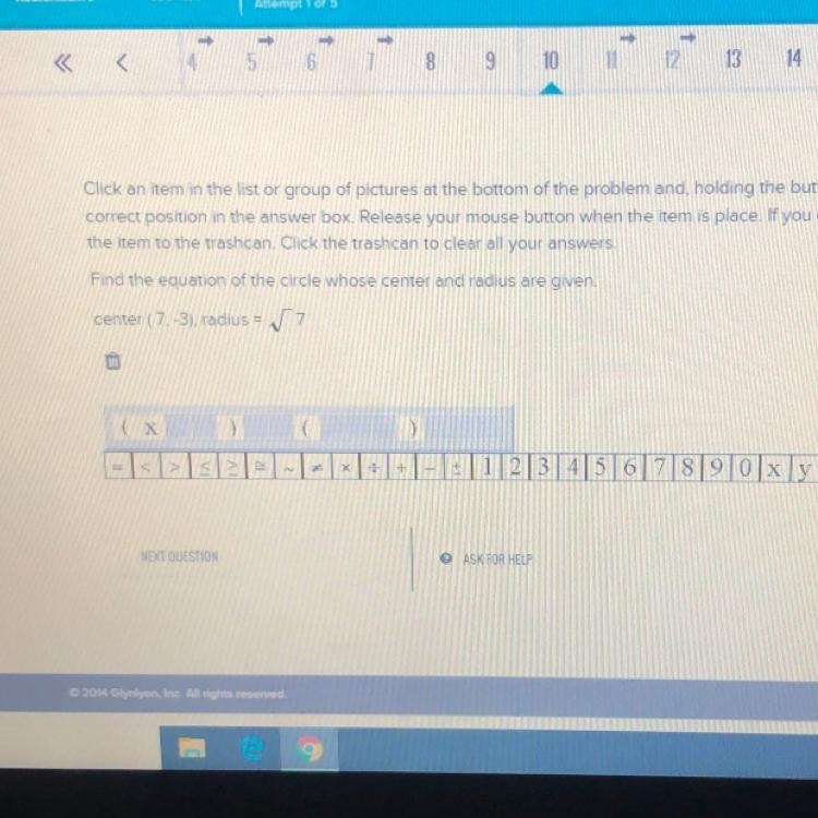 Find the equation of the circle whose center and radius are given. center (7.-3), radius-example-1